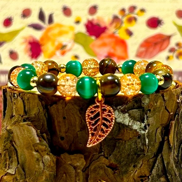 Handmade Fall Leaf Charm Bracelet Featuring Natural Cat Eye & Tiger Eye Stones! - Picture 1 of 4
